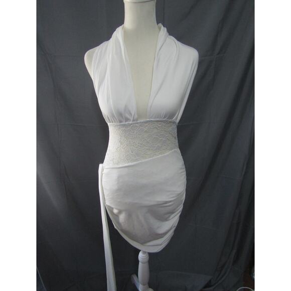 White Halter Mini Dress Lace Waist Ruched Skirt Cocktail Party Small - Picture 1 of 6